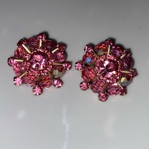 Vintage pair Weiss goldtone metal clip on earrings pink glass pink faceted stone
